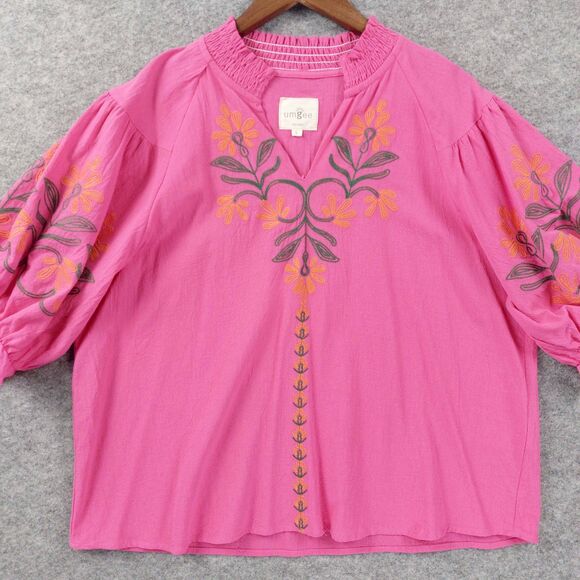 Umgee Womens Boho Peasant Top Sz Large Pink Embroidered Floral Blouse Cotton - Picture 11 of 12